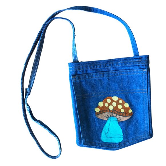 Handmade Crossbody Jean Purse: Painted Mushroom Over Shoulder Cell Phone Bag - Picture 6 of 10